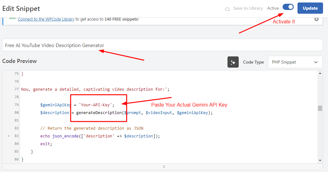 Add code in Snippet to make free youtube video description generator